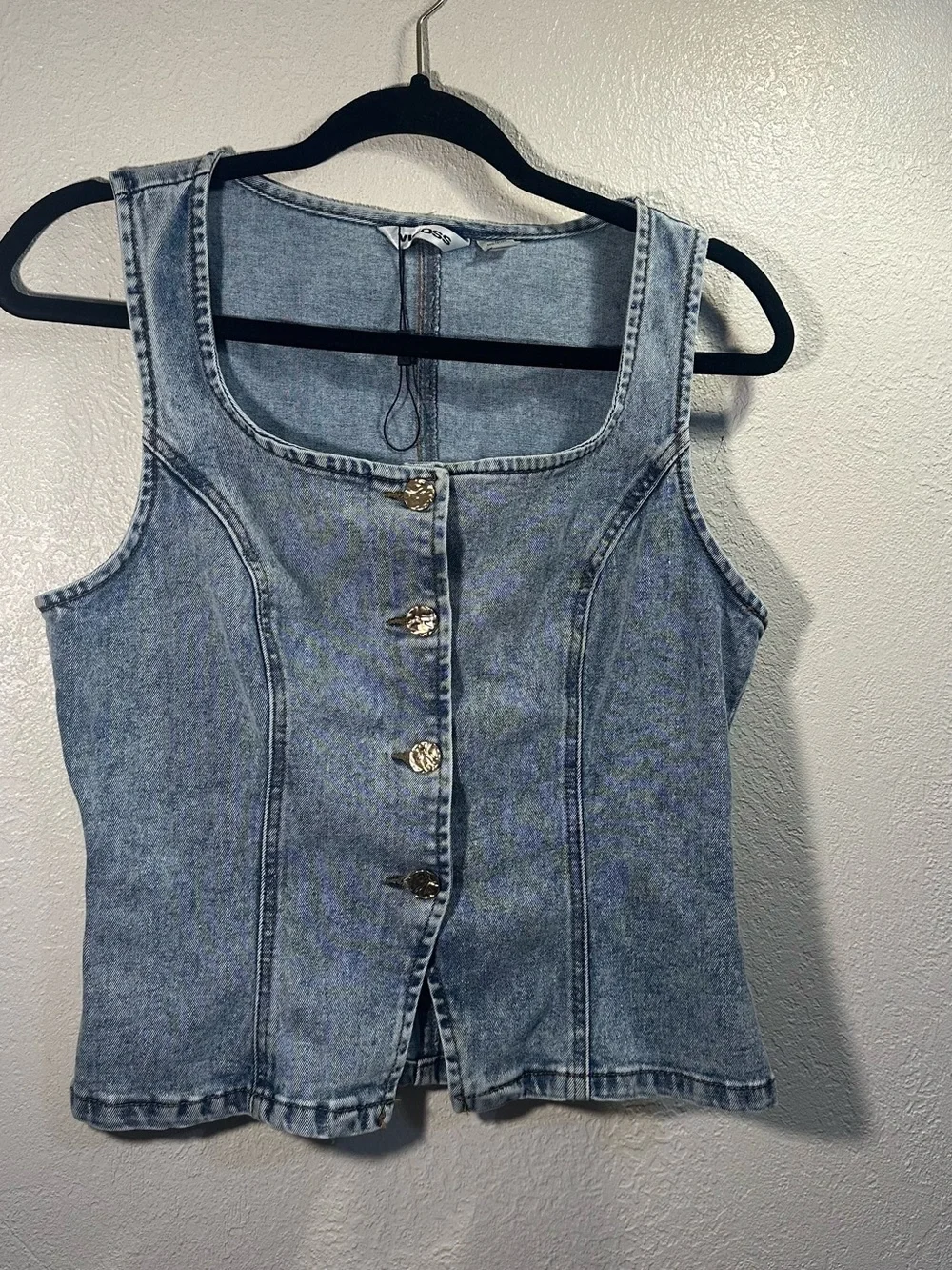 Light Blue Denim Tank with Gold Stitch Accents